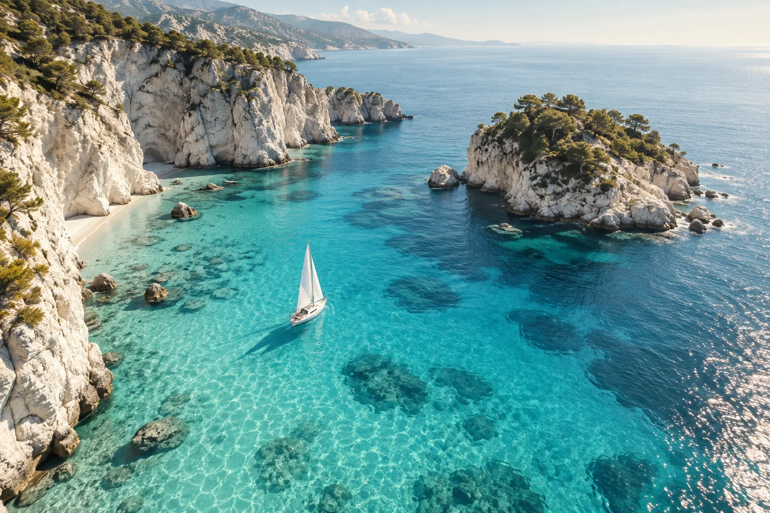 White sailboat in a turquoise Mediterranean cove